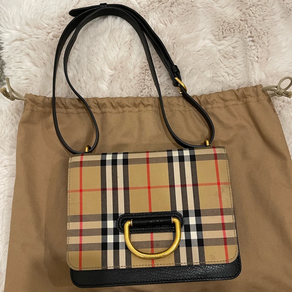 Burberry Goatskin Cotton Canvas Vintage Check Small D-Ring Bag Black